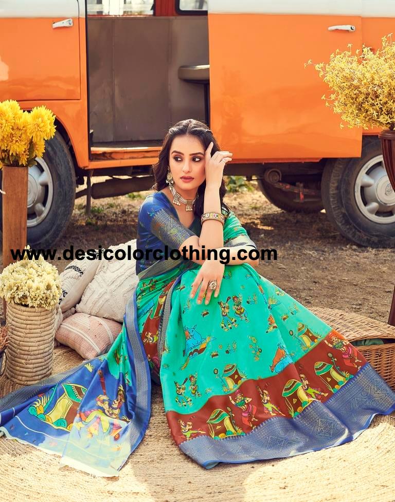 Turquoise Silk Printed Ready To Wear