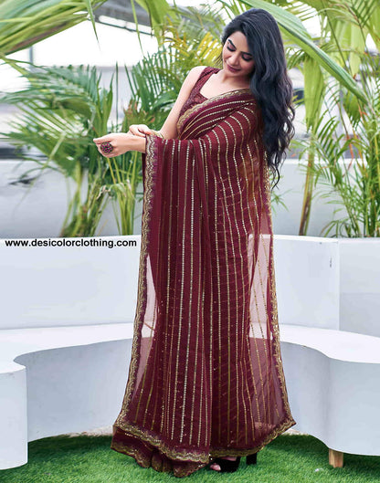 Brown Georgette Sequence Saree