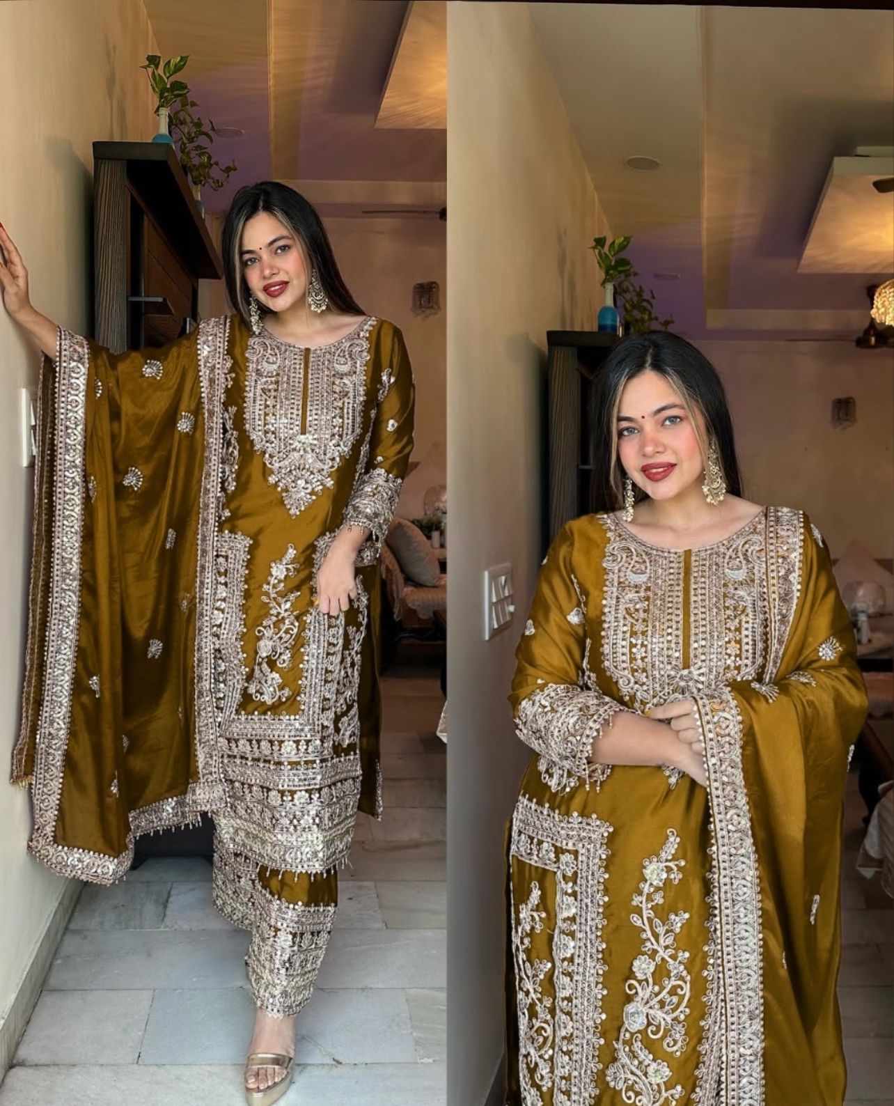 Product Image - Designer Georgette Wedding Saree - Pure Chinnon Silk with Heavy Embroidery