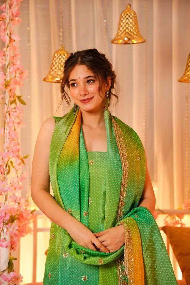 Product Image - Elegant Green Bandhej Print Suit with Beadwork | Designer Festive Wear
