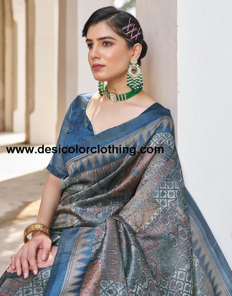 Blue Silk Printed Ready To Wear