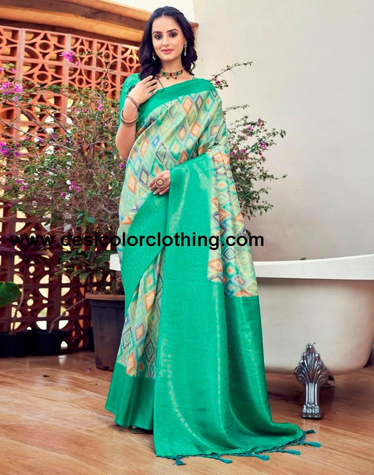 Turquoise Silk Printed Ready To Wear