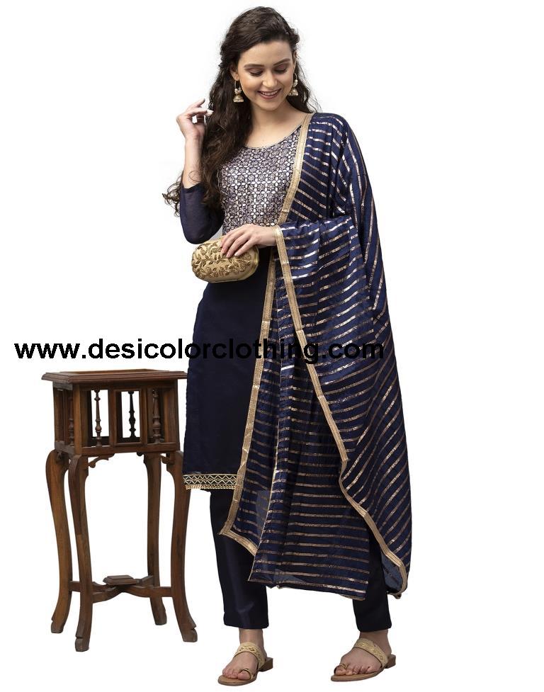 Astounding Navy Blue Cotton Thread Work Unstitched Salwar Suit