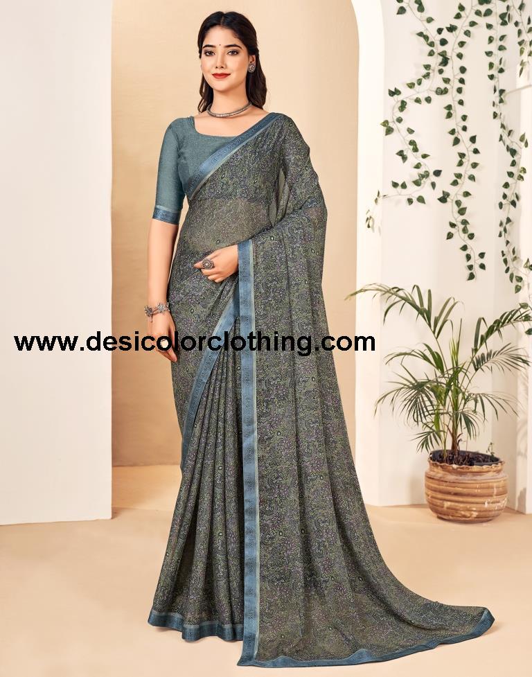 Dusty Green Georgette Printed Sarees