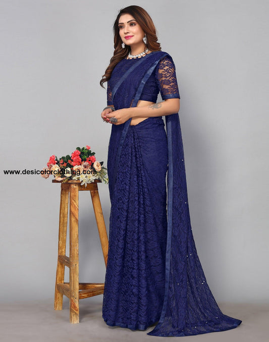 Dark Blue Net Lace Saree