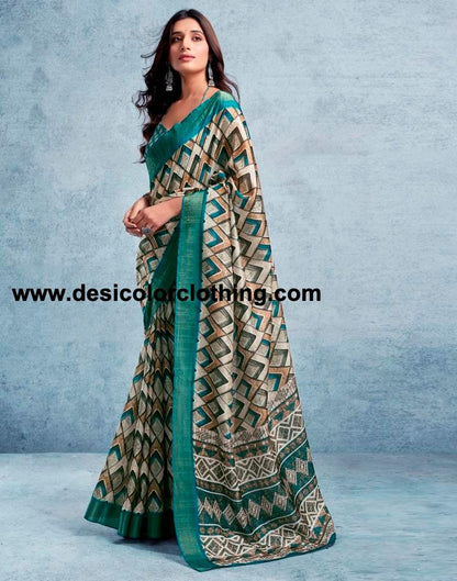 Rama Green Silk Printed  Saree