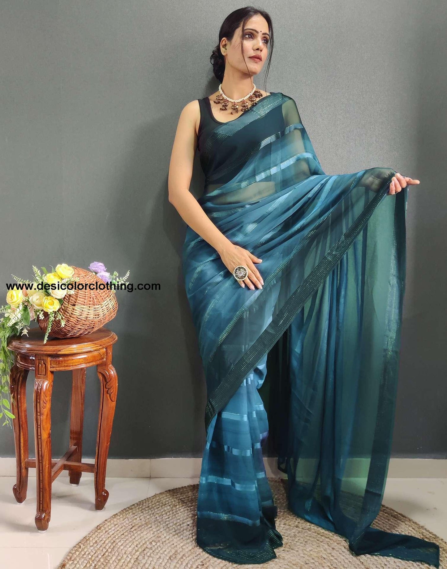 Teal Blue Weaving Georgette Pre-draped Saree