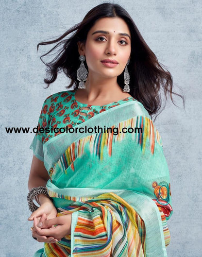 Pasta Green Linen Printed  Saree