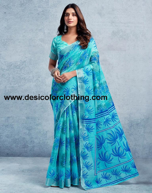 Turquoise Linen Printed  Saree