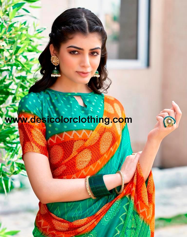 Teal Green Cotton Printed Sarees