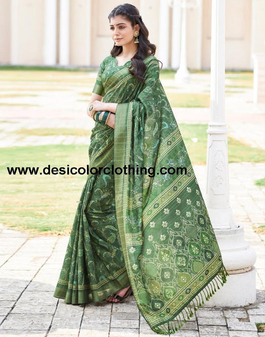 Dark Green Silk Printed Sarees