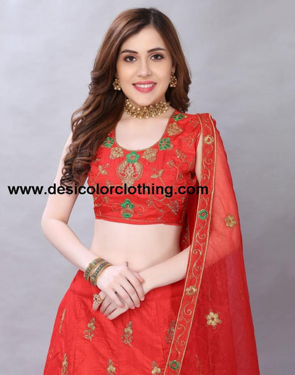 Peppy Red Coloured Poly Silk Embroidered Casual Wear Lehenga | SLV119L10399