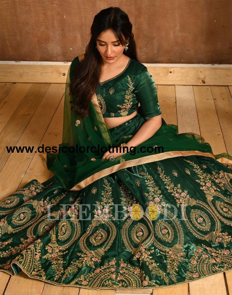 Bottle Green Coloured Poly Silk Embroidered Partywear Lehenga  | SLV125L10495