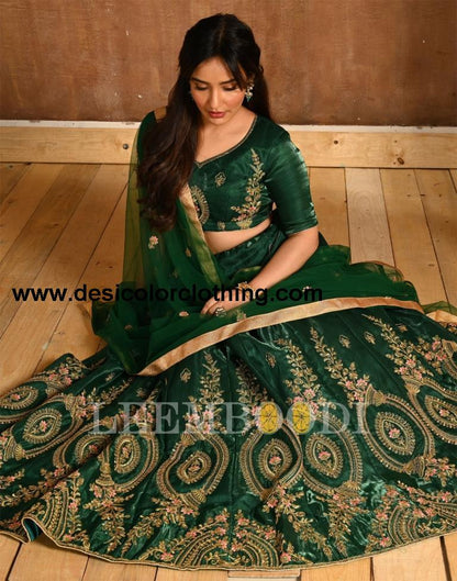 Bottle Green Coloured Poly Silk Embroidered Partywear Lehenga  | SLV125L10495