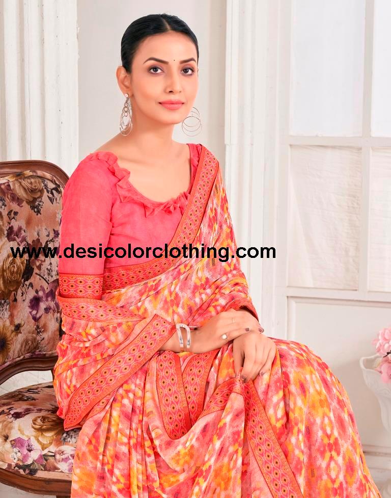Peach Chiffon Printed Saree