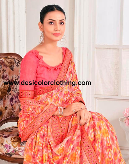 Peach Chiffon Printed Saree
