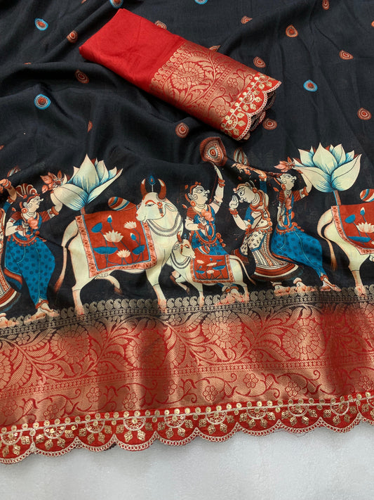 Product Image - Designer Benny Crape Kalamkari Saree with Maggam Work Border – Perfect for Festive & Wedding Wear