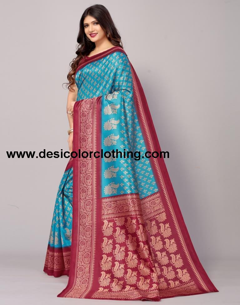 Blue Printed Silk Saree