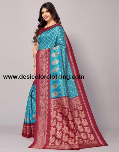 Blue Printed Silk Saree