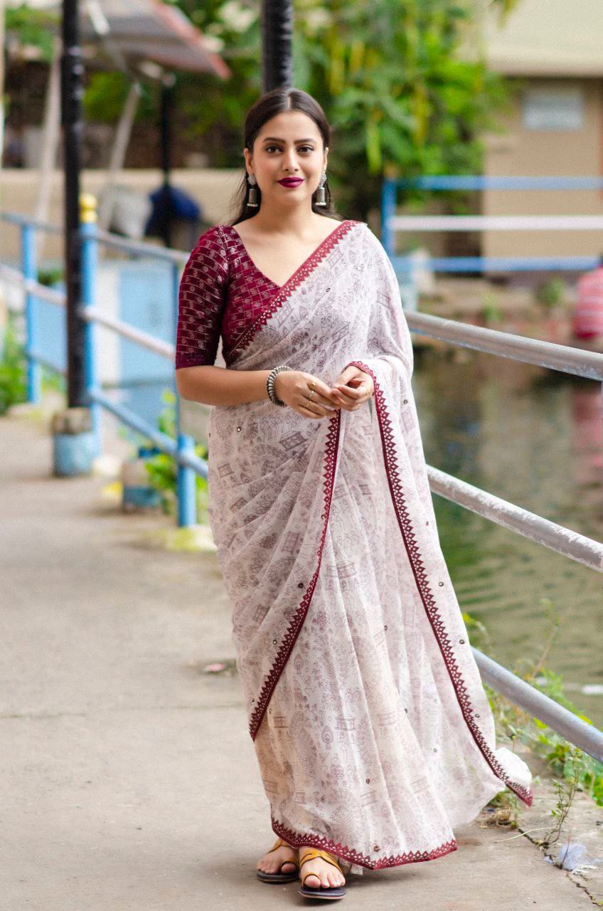Product Image - Elegant Worli Georgette Saree with Aari Mirror Work