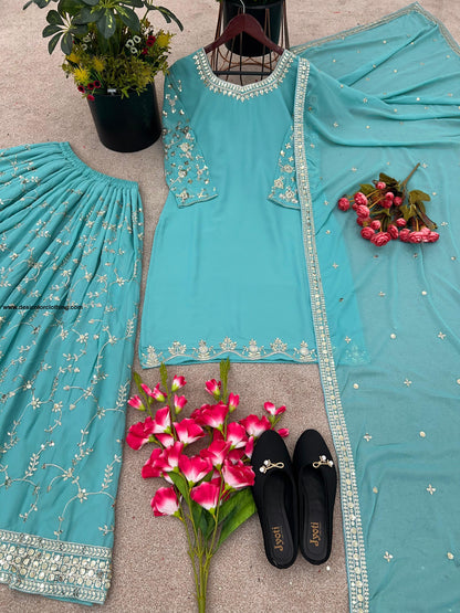 Party Wear Look Top-Plazzo and Dupatta With Heavy Embroidery Work