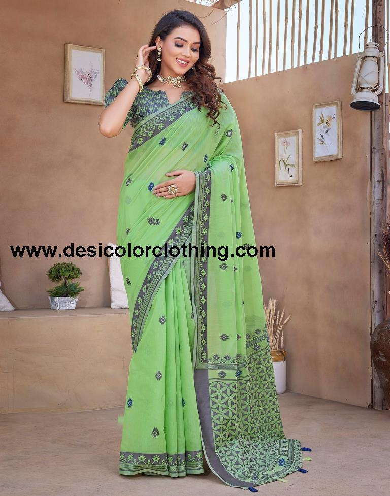 Pista Green Silk Plain Sarees