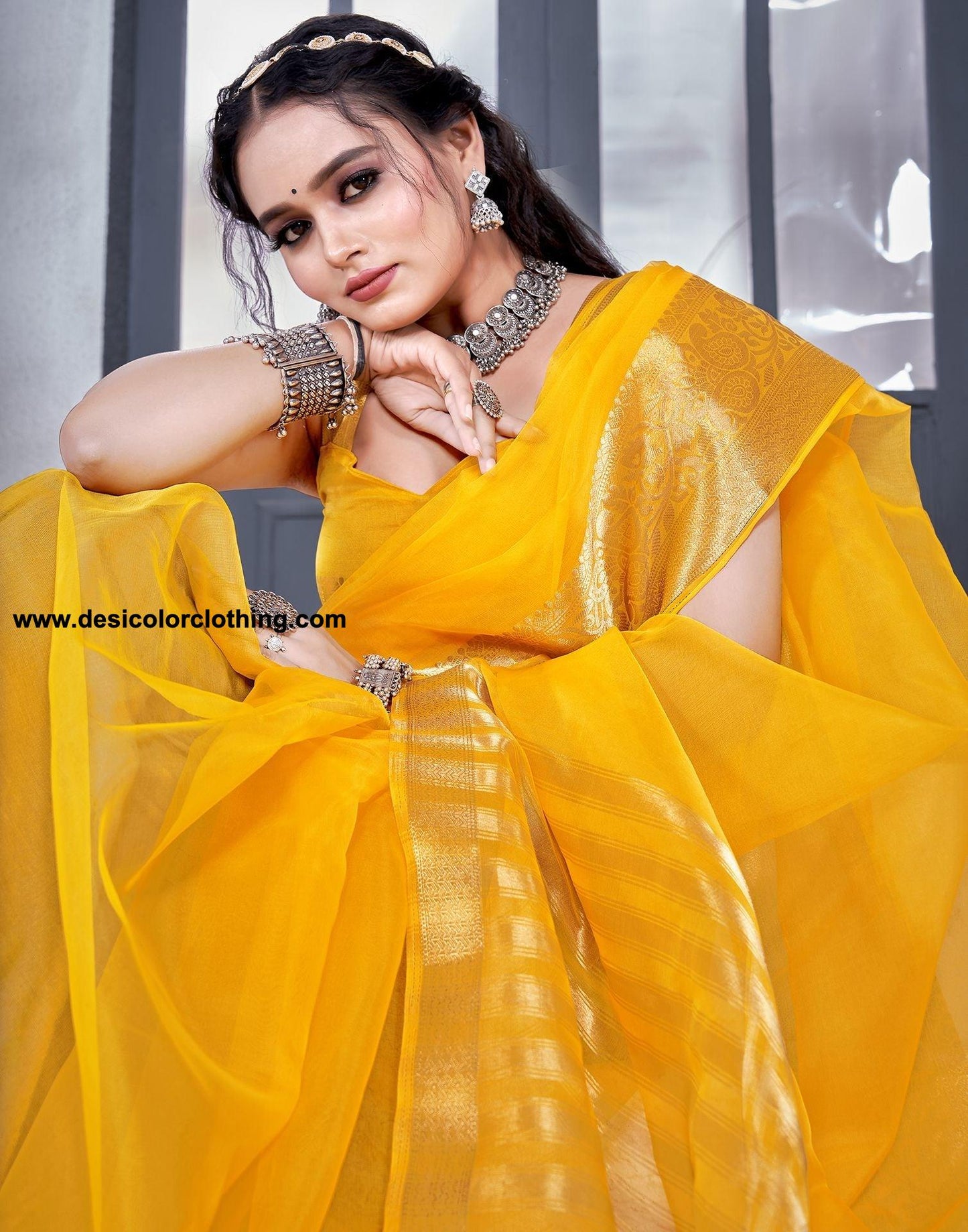 Turmeric Yellow Plain Organza Saree