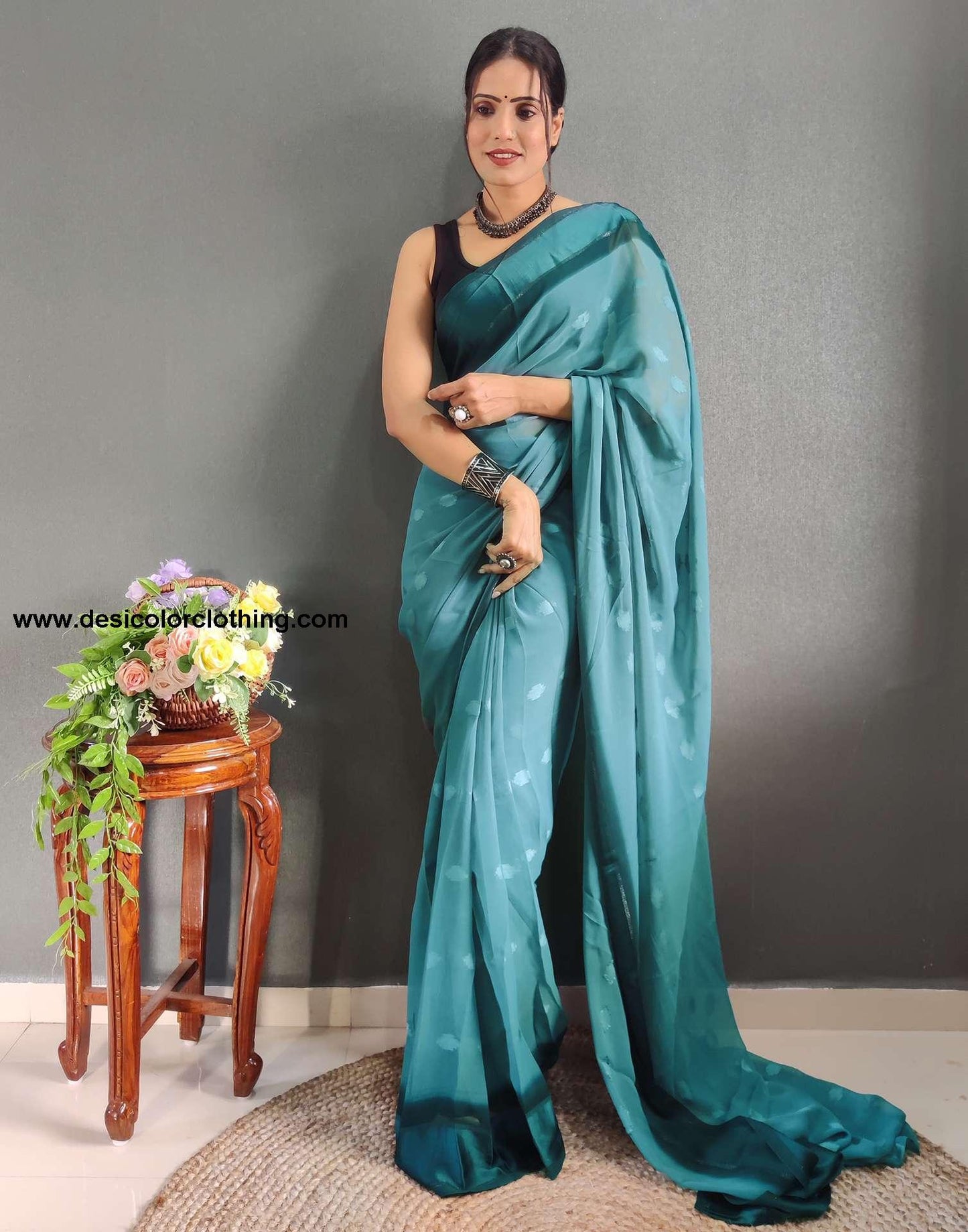 Blue Plain Georgette Pre-draped Saree