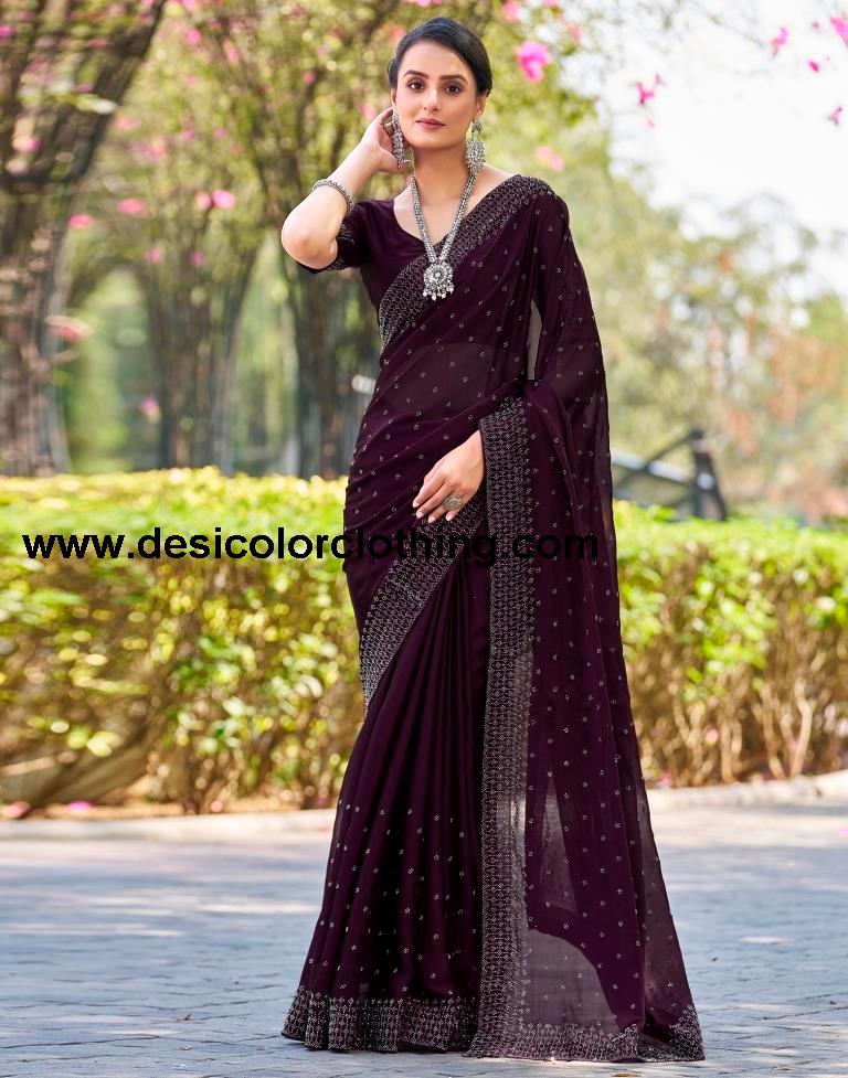Deep Purple Georgette Plain Saree