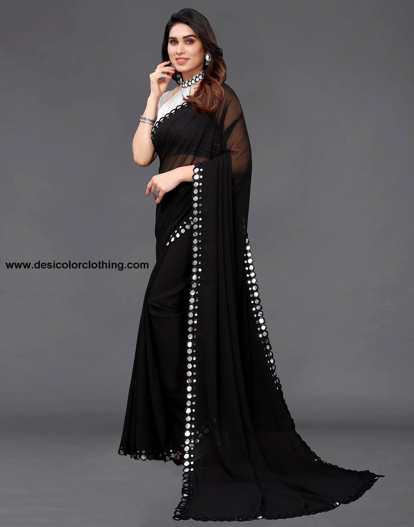 Black Georgette Mirror Work Saree