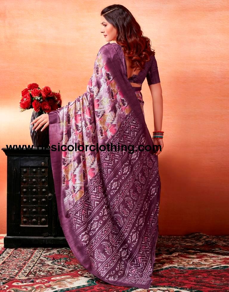 Dark Purple Silk Printed Sarees