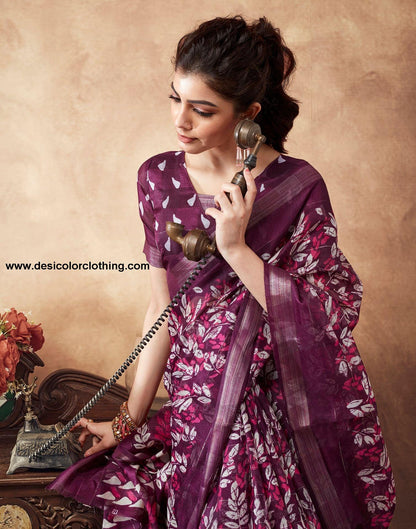 Purple Printed Cotton Saree