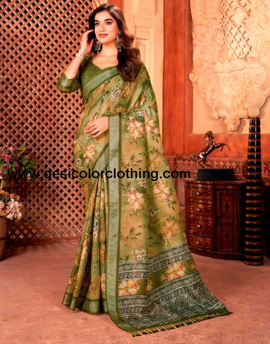 Olive Green Linen Printed Saree