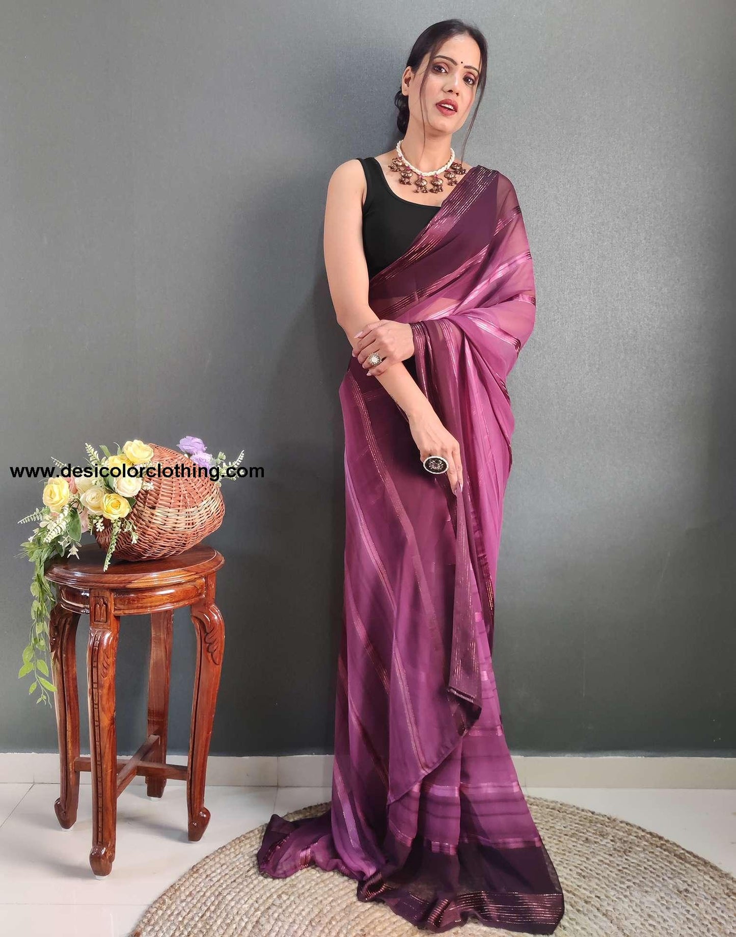 Purple Weaving Georgette Pre-draped Saree