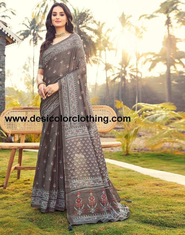 Stone Grey Cotton Printed Ready To Wear