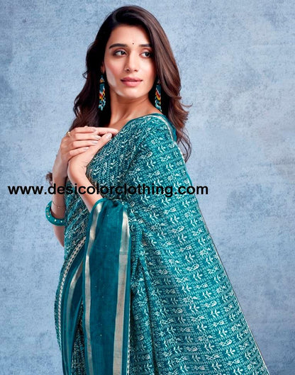 Teal Blue Silk Printed  Saree