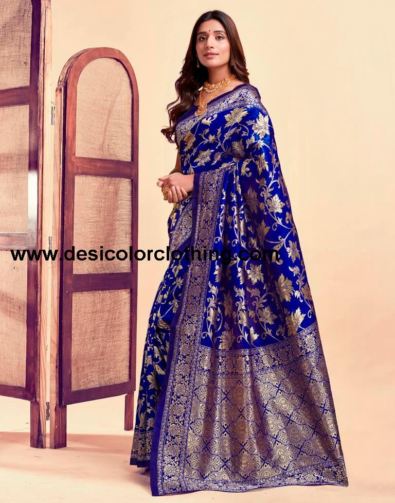 Dark Blue and Golden Silk Saree with Jacquard Border & Matching Blouse