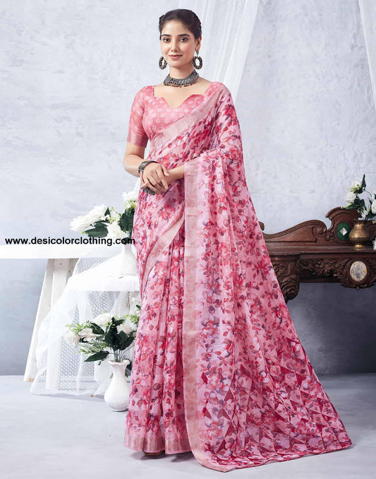 Pink Printed Cotton Saree