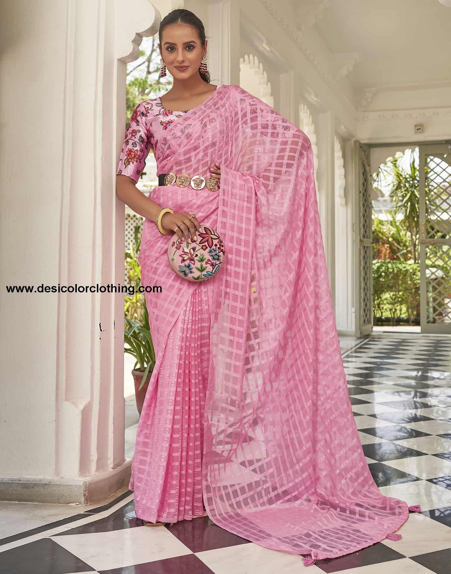Pink Checkered Chiffon Woven Saree