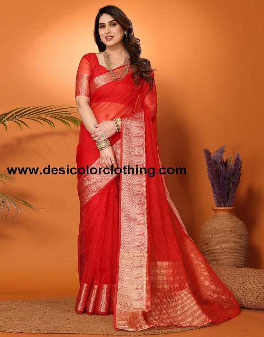 Red Organza Plain Saree