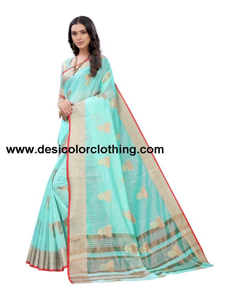 Sky Blue Coloured Cotton Slub Jacquard Partywear saree