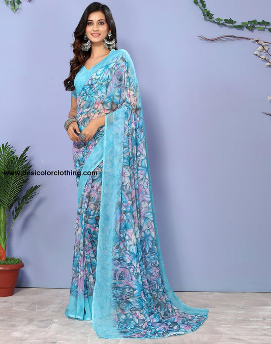 Sky Blue Georgette Floral Printed Saree