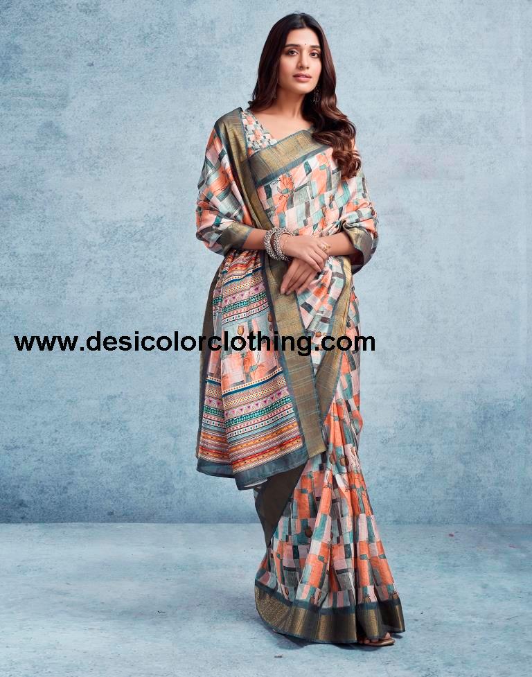 Cream Silk Printed  Saree