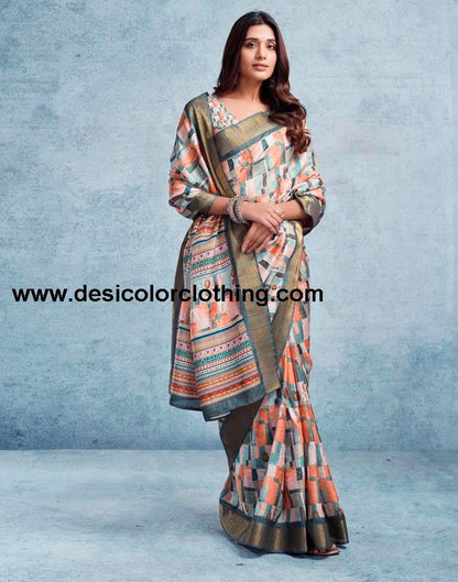 Cream Silk Printed  Saree