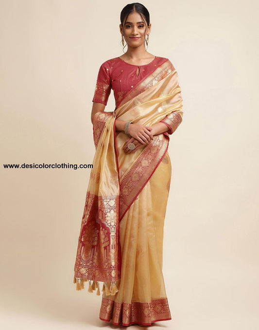 Beige Silk Banarasi Saree