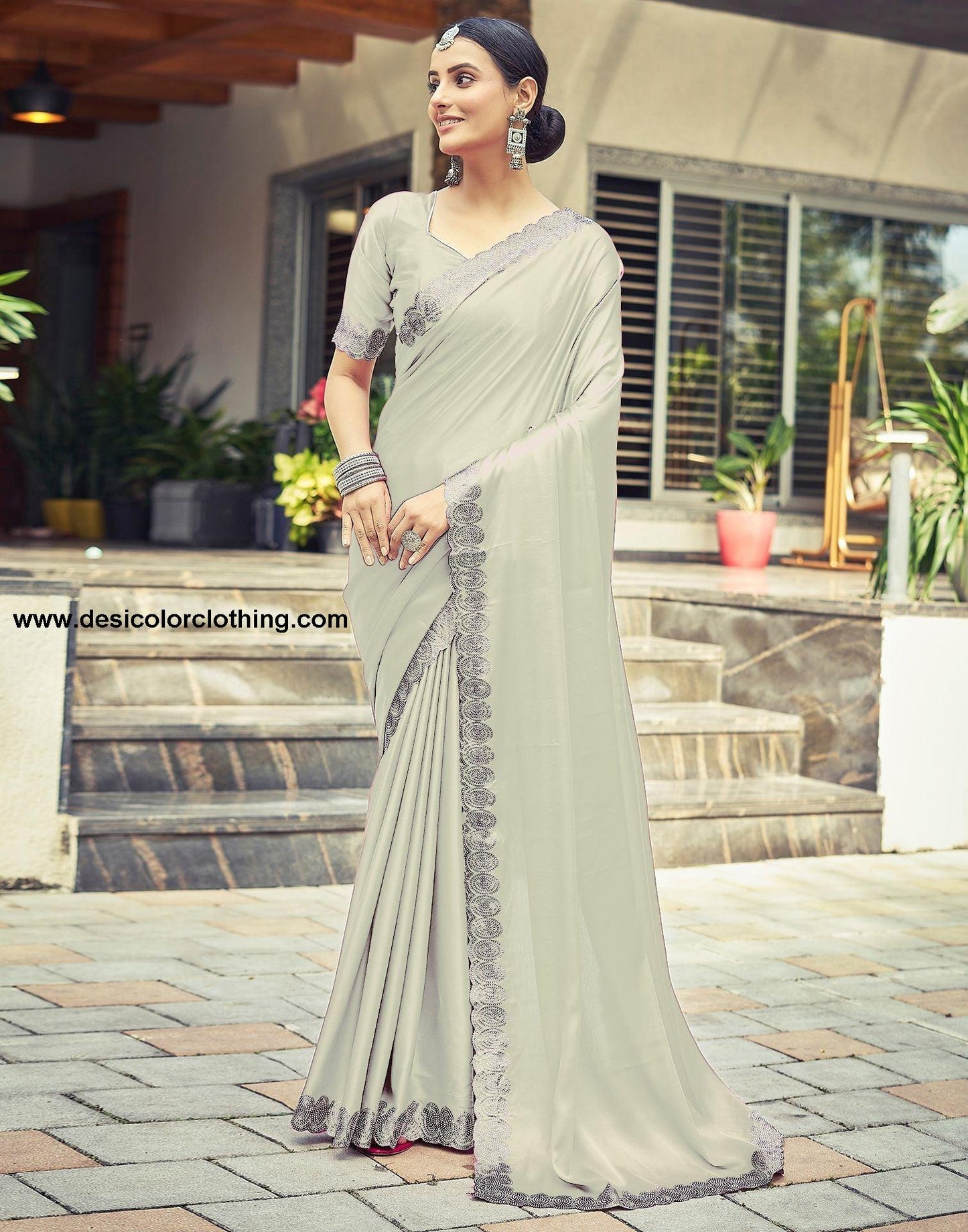 Beige Plain Silk Saree