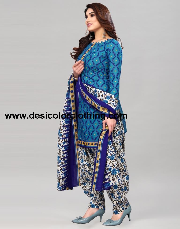 Blue Printed Cotton Unstitched Salwar Suit Material