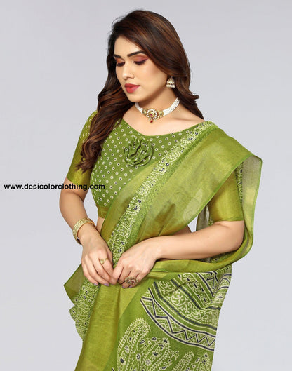 Parrot Green Cotton Printed Saree