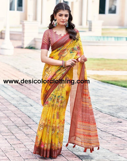Turmeric Yellow Linen Printed Sarees