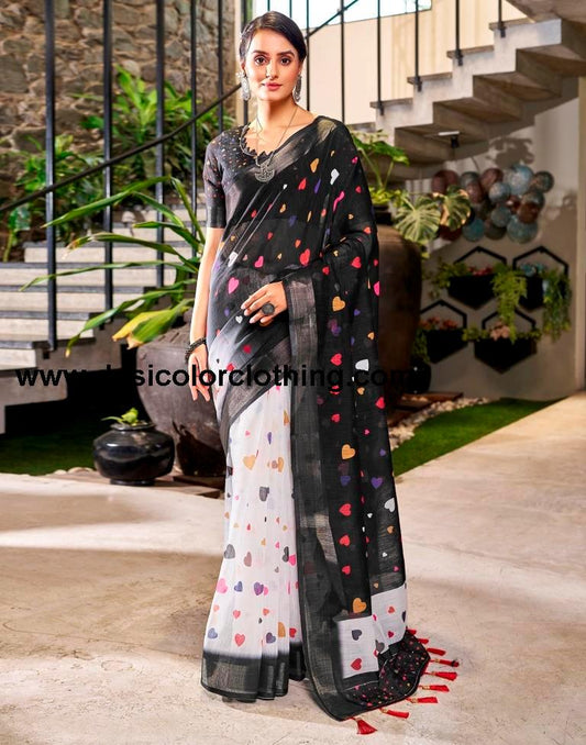 Black Linen Printed  Saree